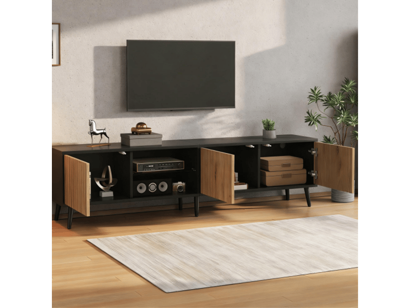  Meuble tv tcqpz led 175 x 31 x 43,5 cm pour tv jusqu'à 75 pouces, bois naturel et noir  - Conforama E