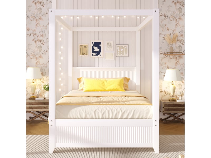  Lit baldaquin 90x200 cm en pin et mdf blanc, sans matelas  - Conforama R