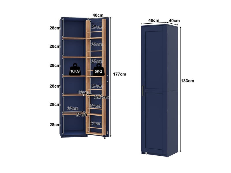 Armoire de cuisine haute - 40 x 40 x 183 cm - bleu et bois - meuble de rangement étroit avec étagères de porte et tablettes réglables - Conforama B