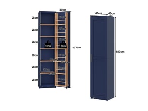 Armoire de cuisine haute - 40 x 40 x 183 cm - bleu et bois - meuble de rangement étroit avec étagères de porte et tablettes réglables