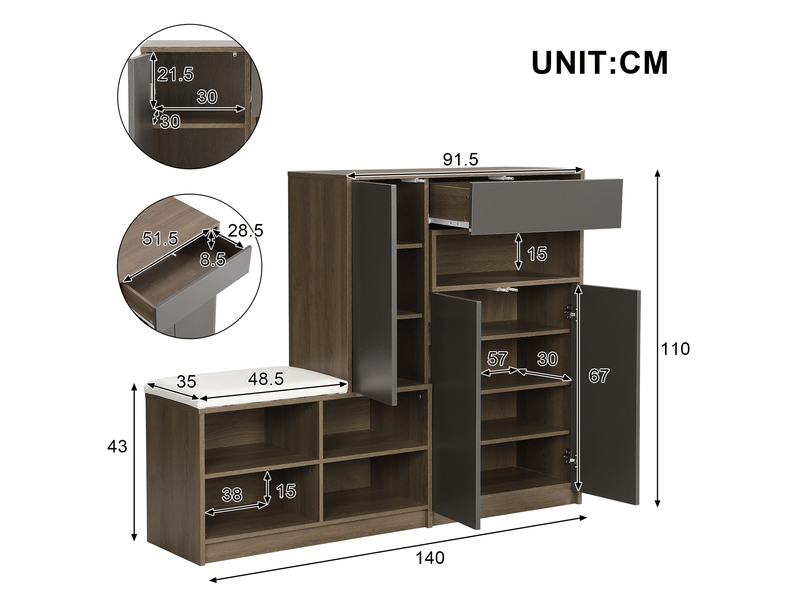 Meuble à chaussures avec banc rembourré, étagères réglables et portes sans poignées pour entrée gris 140 × 35 × 110 cm - Conforama C