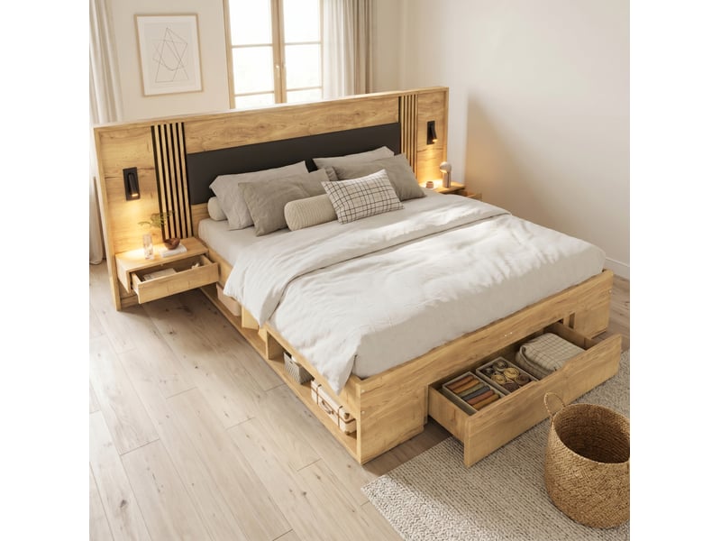 Lit double 180 x 200 cm avec rangement, tables de chevet et liseuses, naturel - Conforama C