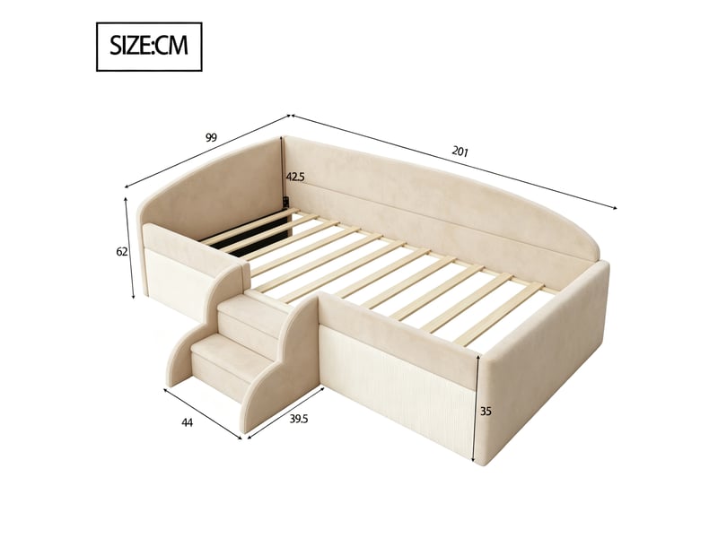  Lit enfant rembourré 90 × 190 cm 1 place avec barrières et marches, sans matelas, en velours beige  - Conforama D