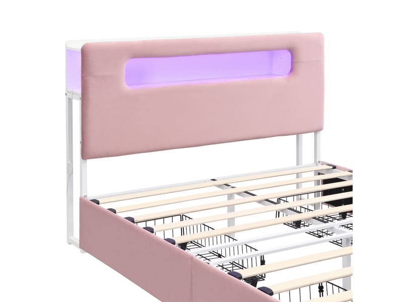  Lit enfant 140×200 cm avec 4 tiroirs, rangement ouvert et led, velours rose sans matelas  - Conforama D