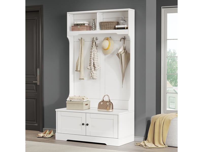  Meuble d'entrée pour chaussures avec banc, 2 portes, 2 niches et 4 crochets à fermeture douce, blanc, 101,5×183 cm  - Conforama C
