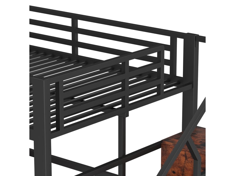 Lit mezzanine enfant 200×140 cm avec rangements, garde-corps et éclairage led, sans matelas, en métal et mdf noir - Conforama E