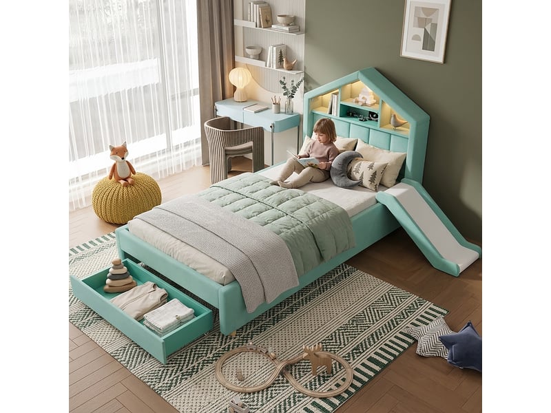  Lit enfant cabane rembourré 90 x 200 cm, toboggan réversible, led, port de charge, étagères de tête de lit, grand tiroir, bleu-vert evarich - Conforama B