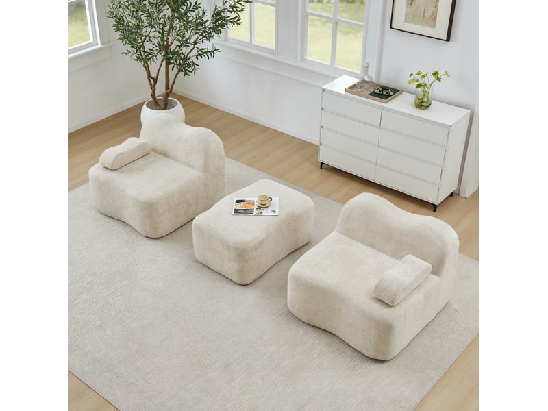  Canapé d'angle modulaire 2 à 4 places avec assise profonde, pouf et accoudoirs ergonomiques, en velours beige  - Conforama D