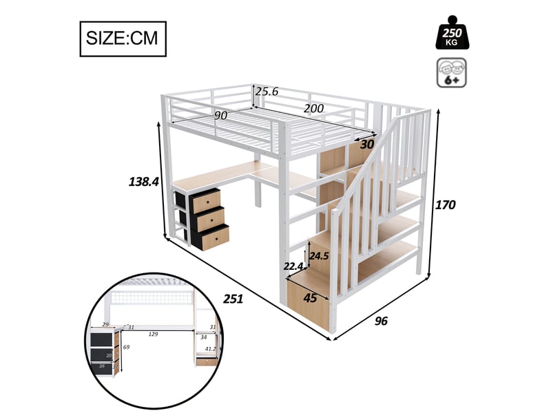  Lit mezzanine 90x200 cm en métal avec bureau gaming, led, escalier avec rangements, 4 tiroirs, étagères et espace de travail intégré - blanc  - Conforama C