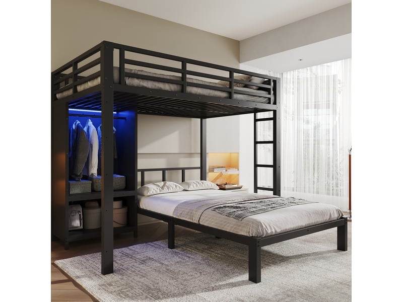  Lit superposé 120x200 cm avec armoire intégrée et led noir  - Conforama E