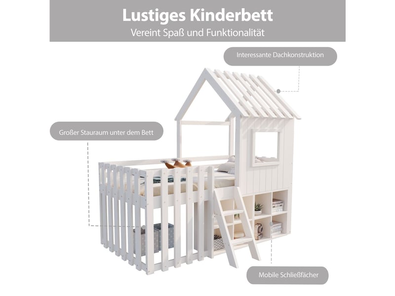  Lit superposé enfant 90x200, garde-corps haut sécurité renforcée lit superpose cabane, structure bois massif, rangement intégré  - Conforama D