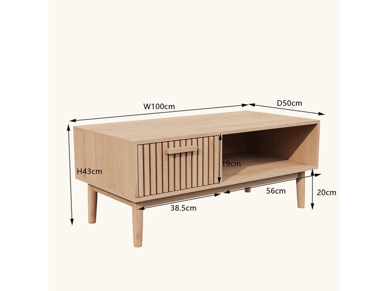  Table basse fixe 100 cm, 1 tiroir et porte coulissante à persiennes, style scandinave japandi, pieds en bois massif, bois clair  - Conforama E
