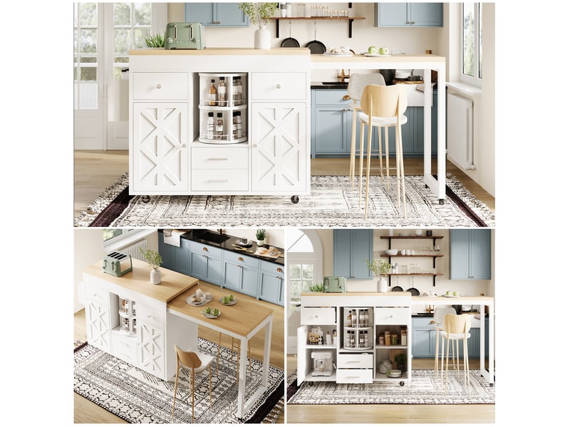 Table de bar extensible en mdf blanc, chariot de cuisine à roulettes avec plateau réglable 110-180 cm et rangements, pour salle à manger - Conforama C