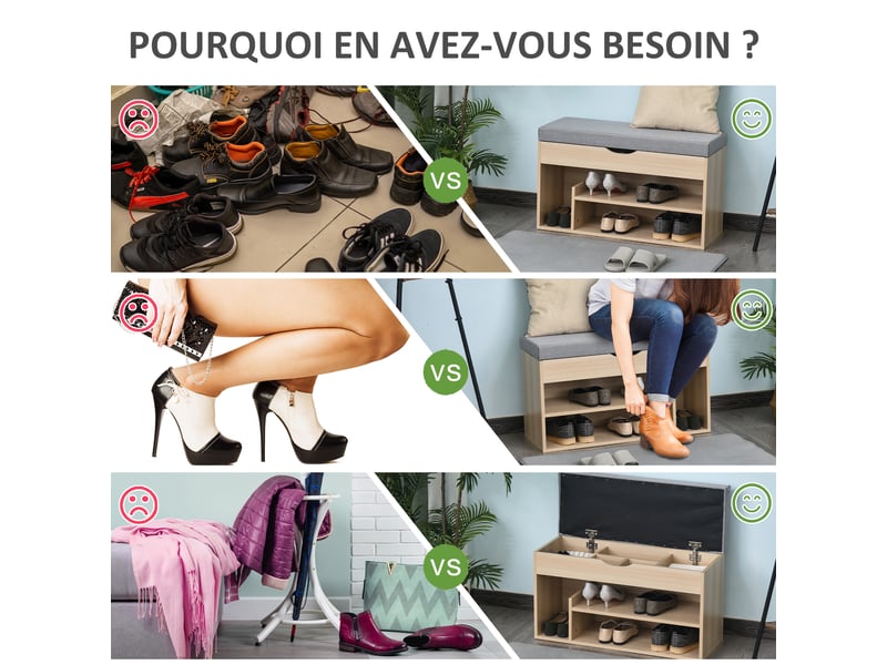  Meuble chaussures banc à chaussures 2 niveaux rangement, niche + coffre intégré avec coussin beige gris  - Conforama W