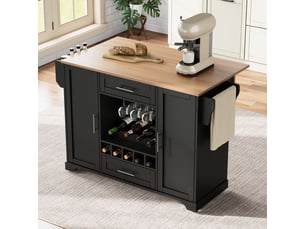 Îlot de cuisine 120 x 45 + 70 x 92 cm plateau rabattable rangement intégré range-bouteilles porte-verres étagère à épices porte-serviettes coloris noir