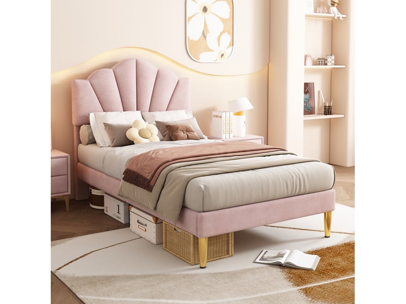  Modenvie lit capitonné 90x200 cm - velours, tête de lit réglable, pieds dorés - pour chambre - rose  - Conforama B