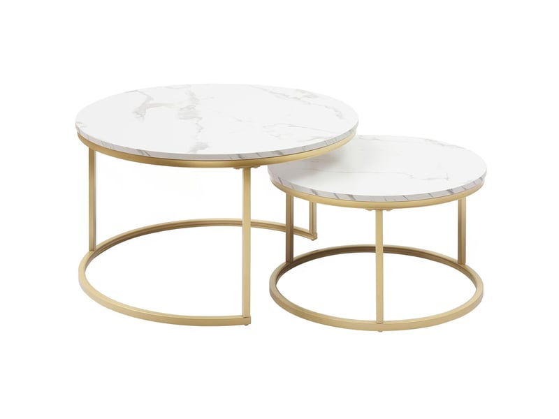  Ensemble de 2 table basse gigogne ronde 80x80x4560x60x33.5 cm, blanc et dore  - Conforama A