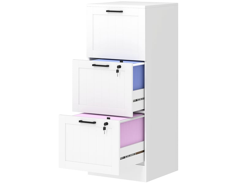  Caisson bureau, meuble rangement bois 3 tiroirs et serrure, barres de suspension réglables, 40 x 40 x 101 cm, blanc  - Conforama B