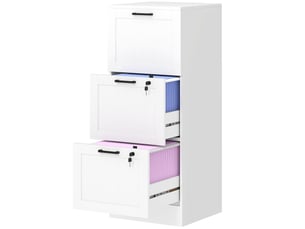 Caisson bureau, meuble rangement bois 3 tiroirs et serrure, barres de suspension réglables, 40 x 40 x 101 cm, blanc