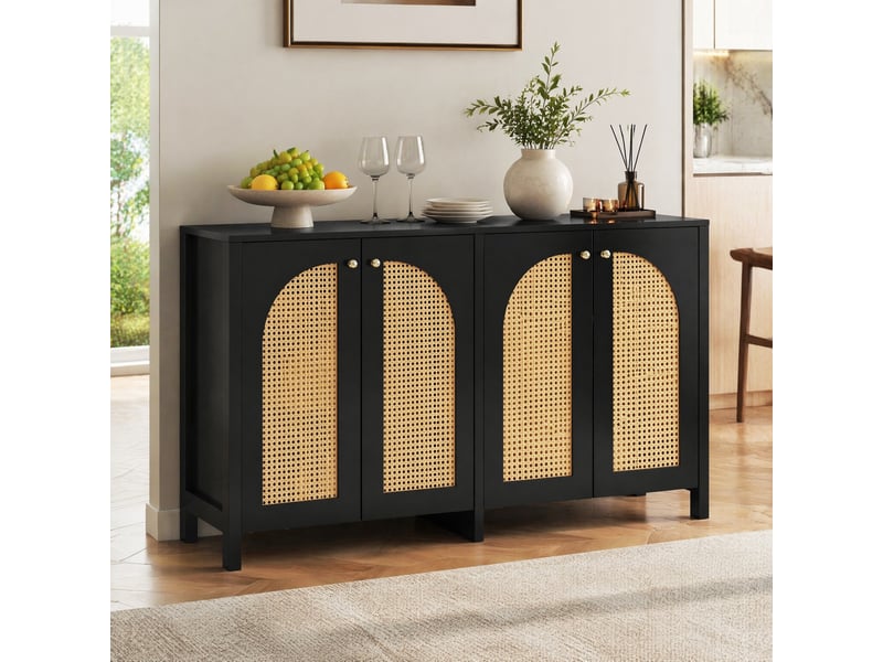 Buffet bas 4 portes noir en mdf, aggloméré et rotin synthétique, style moderne - Conforama C
