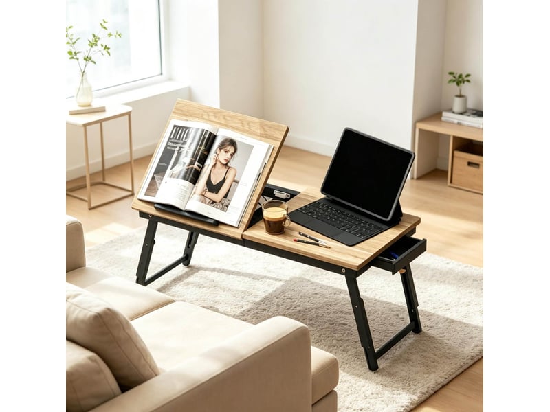  Table pour ordinateur portable réglable 83,5 x 33 cm, bambou et mdf, noir chêne  - Conforama E