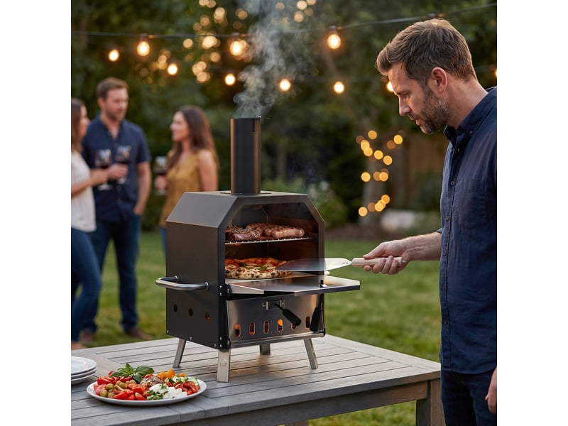 Four à pizza extérieur bois et charbon fumoir 2 étages pierre réfractaire pelle  - Conforama D