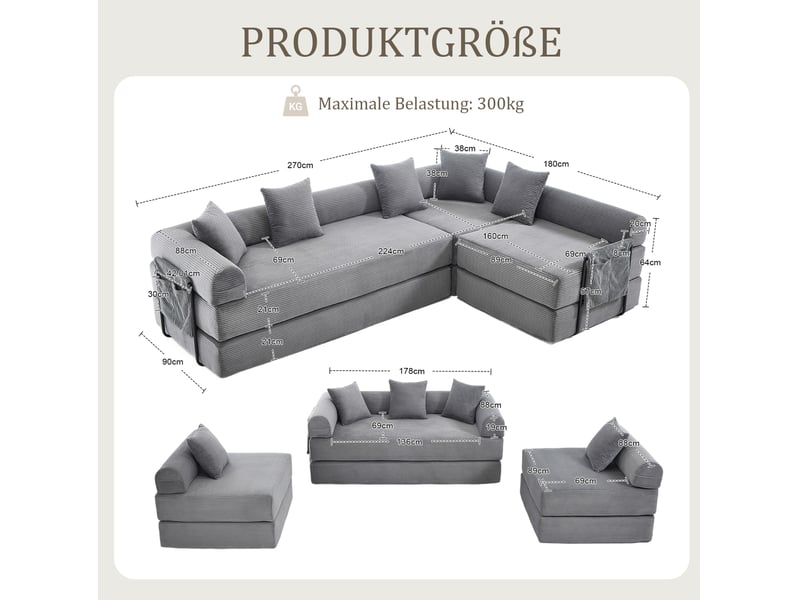  Canapé d’angle modulable convertible 4 places en velours côtelé gris foncé, avec poches latérales pratiques  - Conforama C