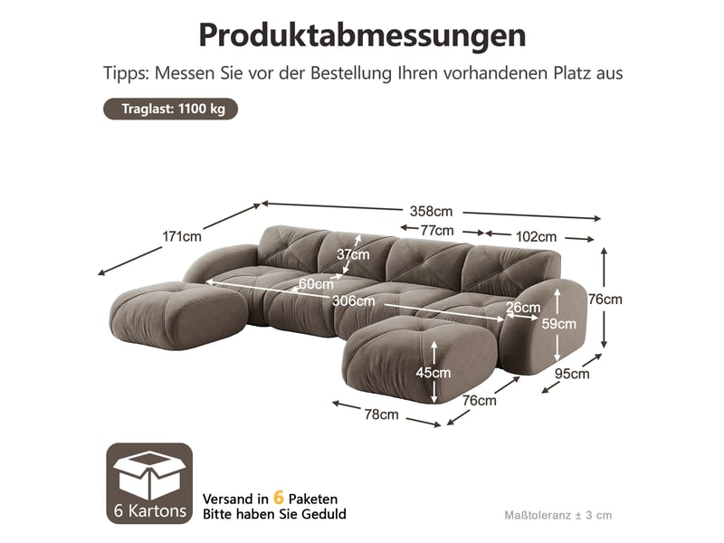  Canapé modulable en u 4 places taupe avec 2 poufs, en tissu doux sans cadre, sans montage pour le salon  - Conforama C