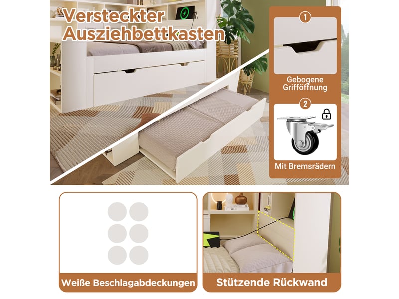  Lit simple 90x190 blanc avec lit gigogne en bois - étagères de rangement et ports usbtype-c  - Conforama D