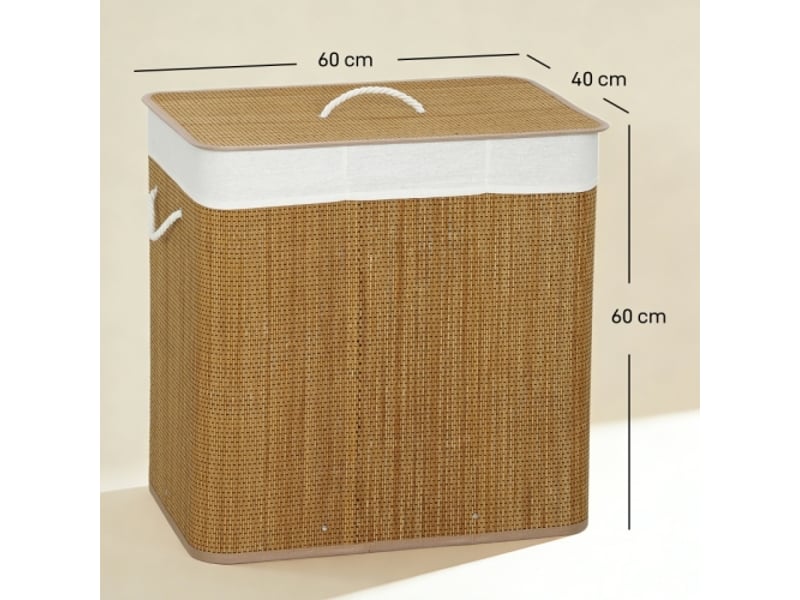  Panier à linge en bambou 144 l avec couvercle, 3 compartiments, poignées en corde et sac amovible  - Conforama E