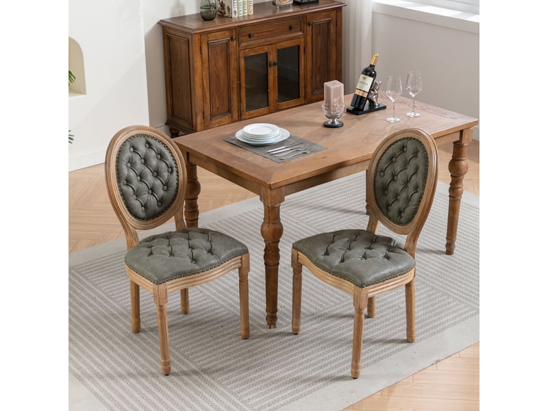  Lot de 2 chaises de salle à manger 49x44.5x95cm – avec dossier ovale capititonné et châssis en bois massif – simili cuir - vert olive  - Conforama D