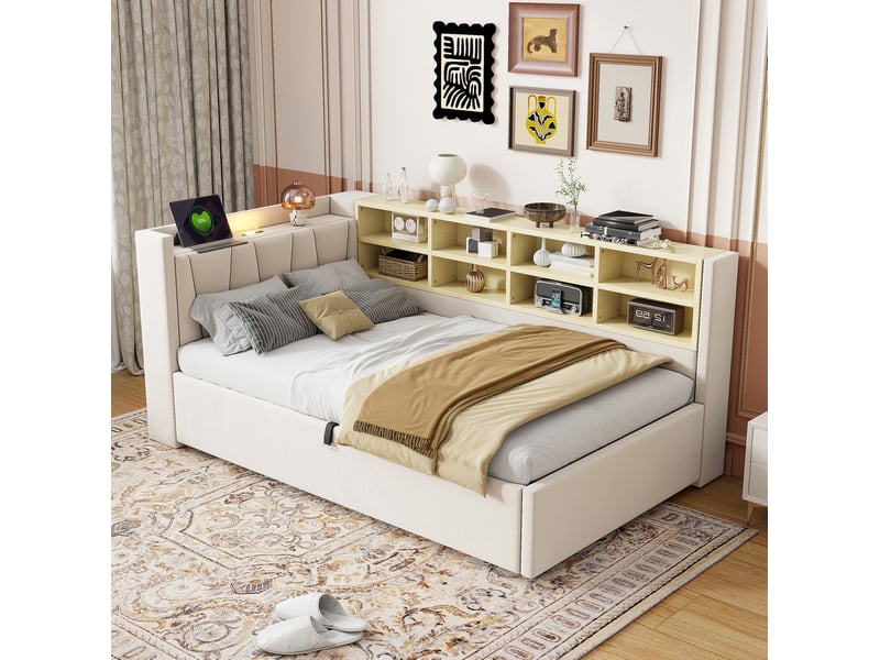  Lit coffre 90x200 cm en velours beige avec veilleuse et ports usb et usb-c  - Conforama D