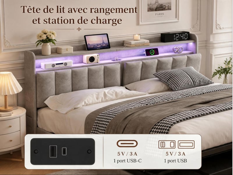  Lit coffre 140x190 cm ezssw, coloris gris  - Conforama E