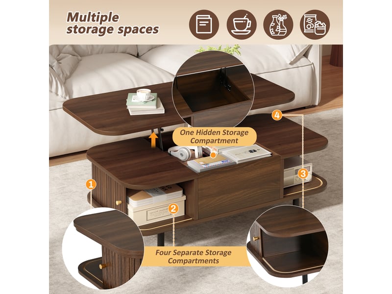  Table basse relevable avec rangement en mdf, aspect noyer, 4 compartiments, 101 x 51 x 52,5  - Conforama D