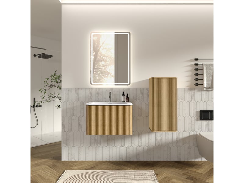 Meuble vasque suspendu avec miroir led antibuée - lpospi - colonne de rangement, mdf, chêne - Conforama C