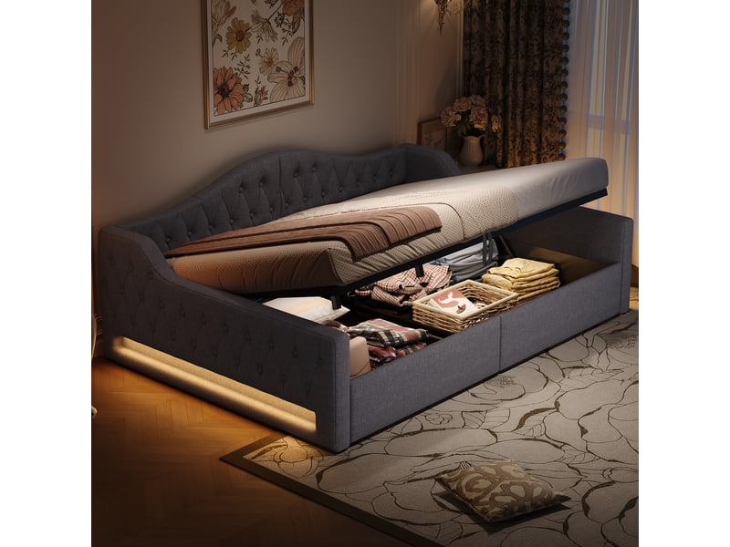  Lit capitonné 140x200 cm gris avec rangement sous le lit et éclairage led pour chambre moderne et confortable.  - Conforama E