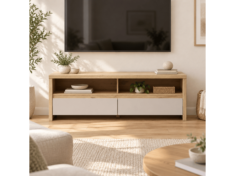  Meuble tv avec 2 tiroirs et 2 niches ouvertes coloris cachemire chêne mauvella- longueur 143,5 x profondeur 40,5 x hauteur 48,4 cm  - Conforama B