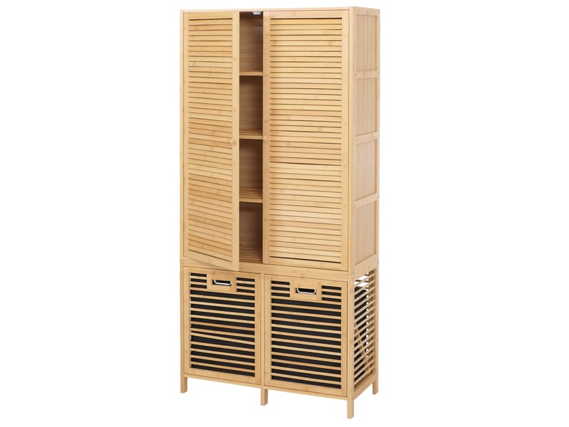  Armoire de salle de bains en bambou hwc-n83, étagère de salle de bains, 2 paniers à linge, portes mvg 168 x 82 x 34 cm - naturel, panier anthracite  - Conforama A