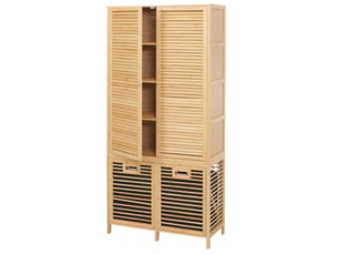 Armoire de salle de bains en bambou hwc-n83, étagère de salle de bains, 2 paniers à linge, portes mvg 168 x 82 x 34 cm - naturel, panier anthracite