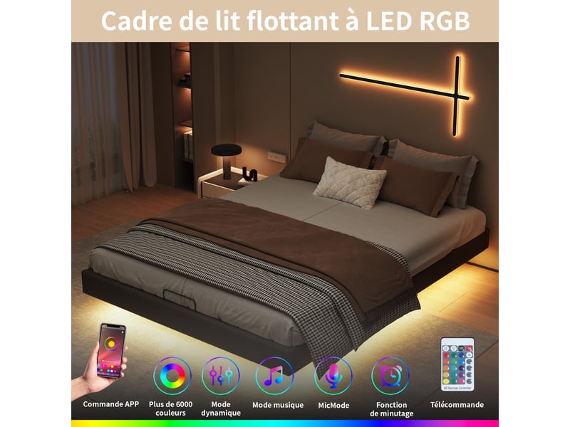  Lit coffre 160x200cm - lit double 160x200 - cadre de lit suspendu sans tête de lit en simili cuir pu avec led rgb - noir  - Conforama D