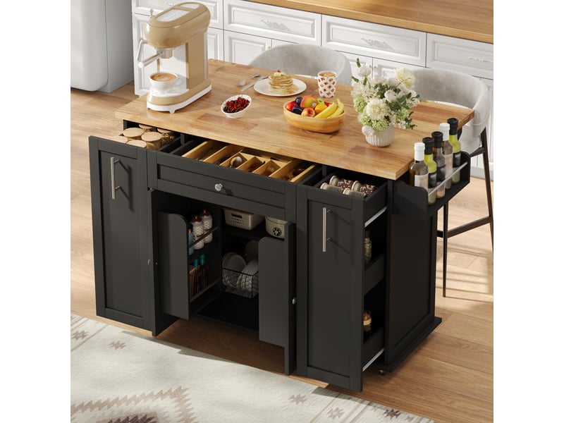  Ilot central de cuisine - 120x70x87cm - desserte avec plateau rabattable tiroir rangement épices et roulettes - noir  - Conforama D