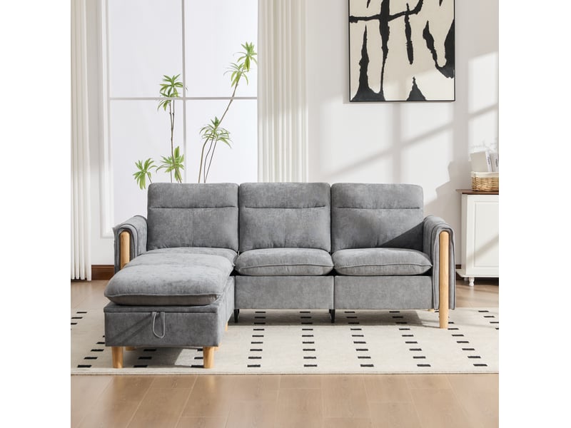  Canapé d'angle 3 places réversible en tissu gris clair avec pouf de rangement, style scandinave pour le salon  - Conforama E