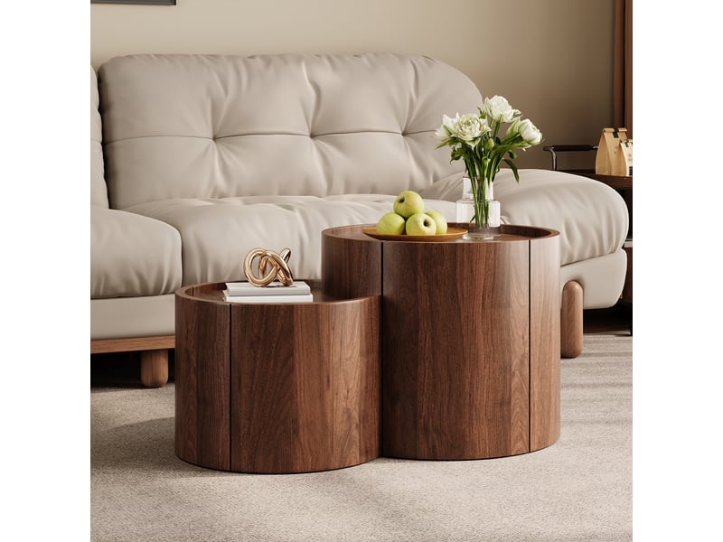  Table basse ronde 77,5x47,5x40 cm avec tiroirs et portes arrondies, table de salon avec rangement, design moderne -mdf-noyer  - Conforama E