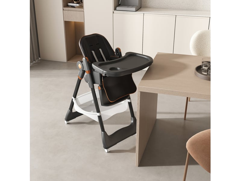  Chaise haute bébé tcqpz réglable et pliable 53 x 76 x 95 cm avec double plateau amovible, harnais 5 points, roulettes verrouillables, noire  - Conforama B