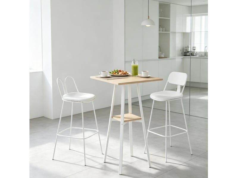  Table de bar carrée pour 2 personnes avec étagère basse pieds réglables pour cuisine en métal et bois 55 × 55 × 95 cm  - Conforama E