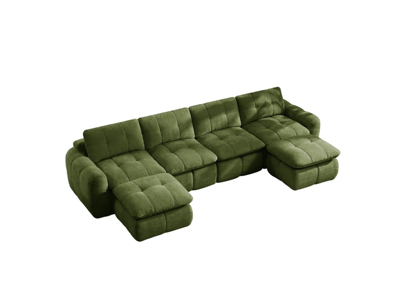 Canapé modulable en u 4 places avec 2 ottomans sans cadre, en chenille verte - Conforama A