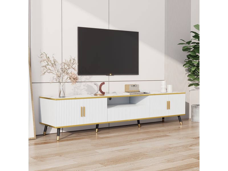  Meuble tv 200 cm effet marbre blanc et or avec rangement  - Conforama E