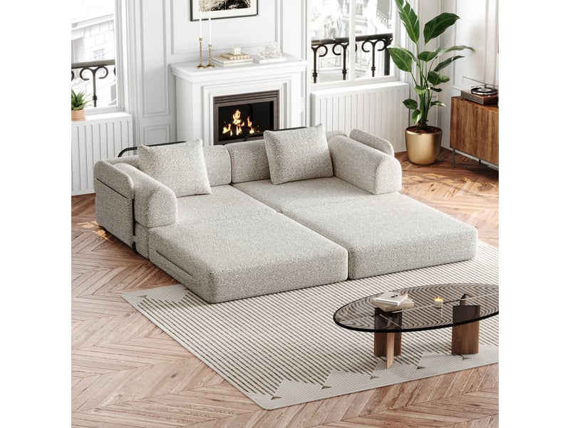  Canapé convertible 2 places 2 en 1 modulable avec rangement dans les accoudoirs, coussins amovibles, structure à cadres acier, chenille kaki  - Conforama C