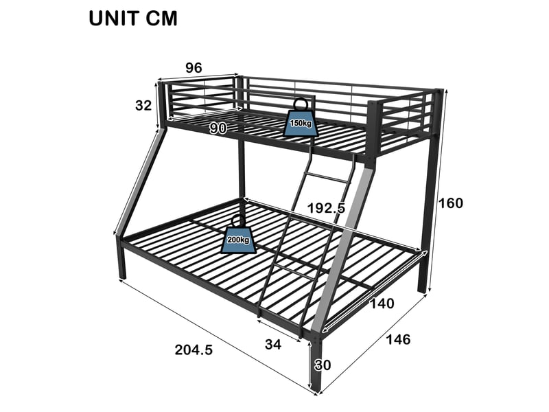  Lit superposé 90x200 cm et 140x200 cm protection contre les chutes métal couleur noir sans matelas, design industriel  - Conforama C