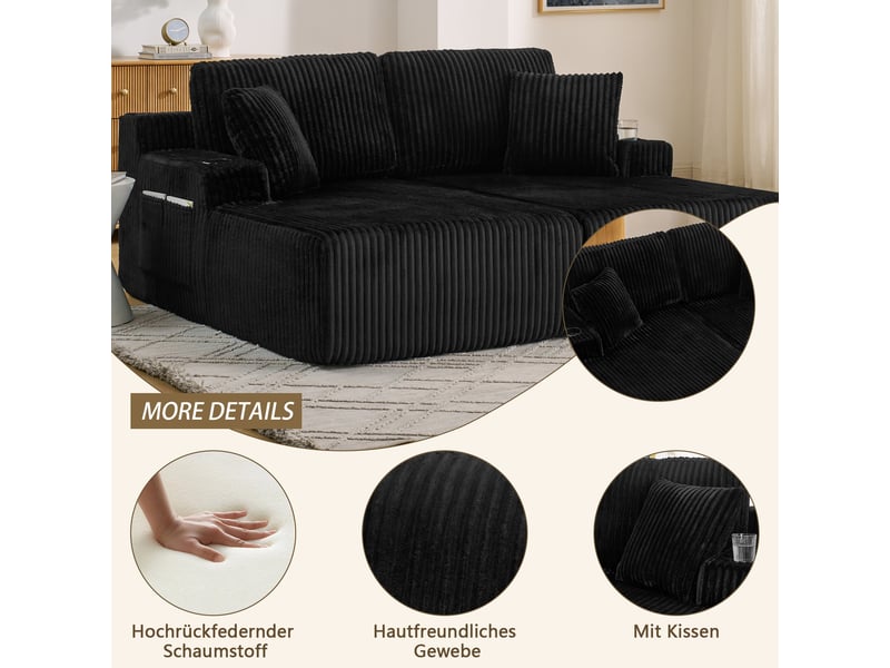 Canapé convertible 2 places avec porte-gobelet et poche latérale - coussins amovibles, velours côtelé noir - Conforama E